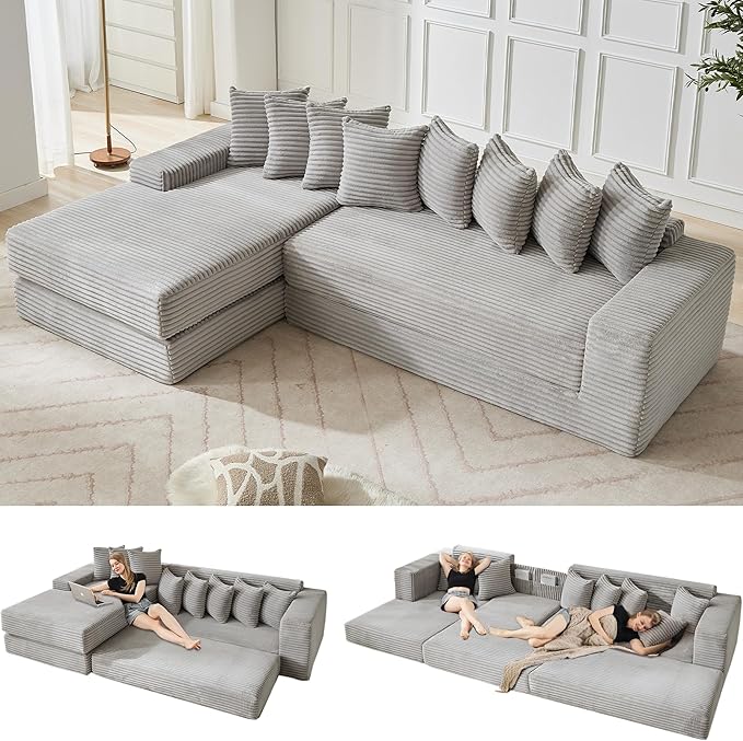 L Shaped Modular Cloud Couch with 8 Pillows Modern Corduroy Boneless Sectional Sofa with Large Chaise for Living Room Office Studio Flat Left Facing Chaise Compressed Sofa (Light Grey)