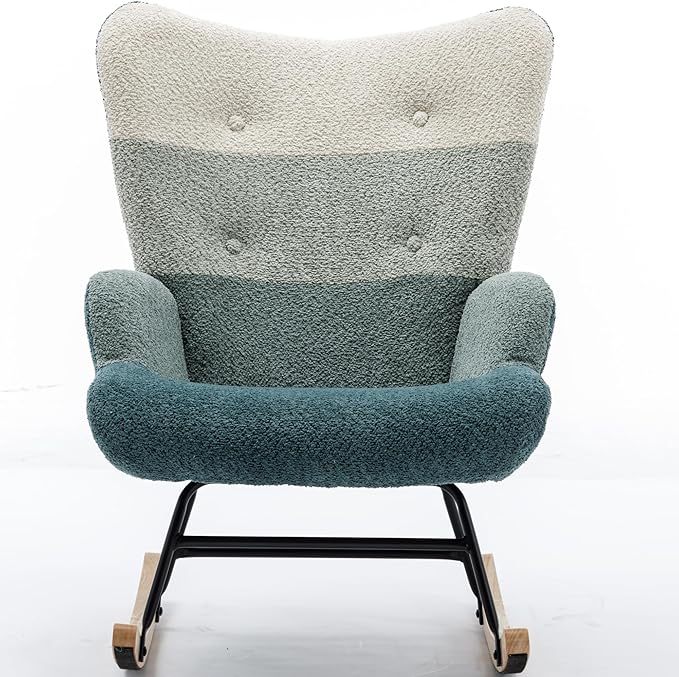 Modern Patchwork Accent Chair with Solid Wood Armrest and Feet Mid-Century Modern Accent Sofa Fabric Sofa Chair for Living Room Bedroom Studio Comfy Side Armchair for Bed (Green+Dark Green)