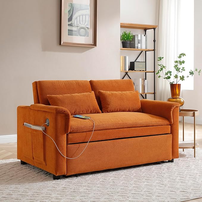 3 in 1 Convertible Sofa Bed with USB Ports - 55 Modern Velvet Sleeper Loveseat with Adjustable Backrest Pull-Out Bed 2 Pillows &amp Storage Pockets Space Saving (Orange)