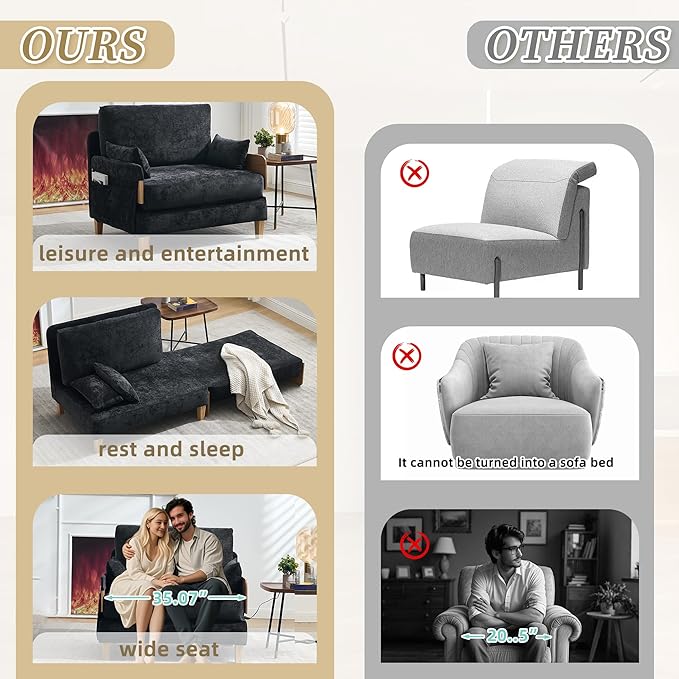 Mid-Century Modern Accent Chair 2-in-1 Foldable Sofa Couch Convertible Sleeper Bed Extra Wide Upholstered Armchair with 3 Pillows &amp Side Pocket for Living Room Bedroom (Black)