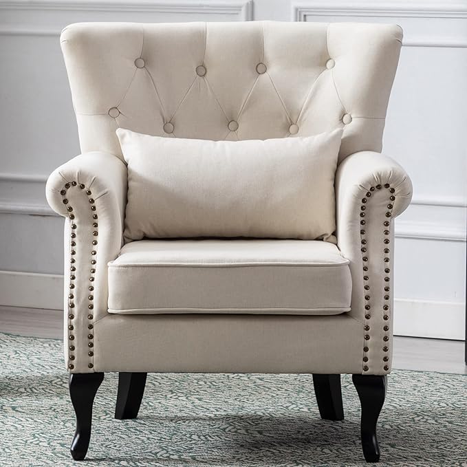 Mid Century Modern Accent Chair Upholstered Armchair Comfy Linen Fabric Single Sofa with Tufted Wingback for Small Spaces Bedroom Living Room Beige