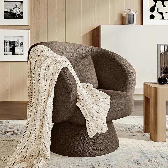Swivel Accent Chair Modern Upholstered Barrel Chair with 360° Swivel Soft Teddy Fabric &amp Extra Lumbar Pillow Stylish Round Accent Chair for Living Room Bedroom Nursery – Brown1PC