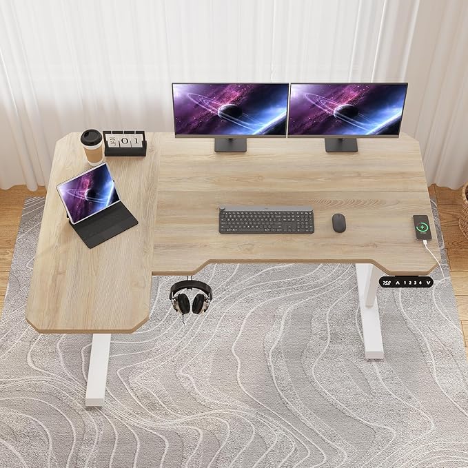 L-Shaped Standing Desk Adjustable Height Electric Desk 59 x 40 Inches for Home Office (Oak 59 x 29'')