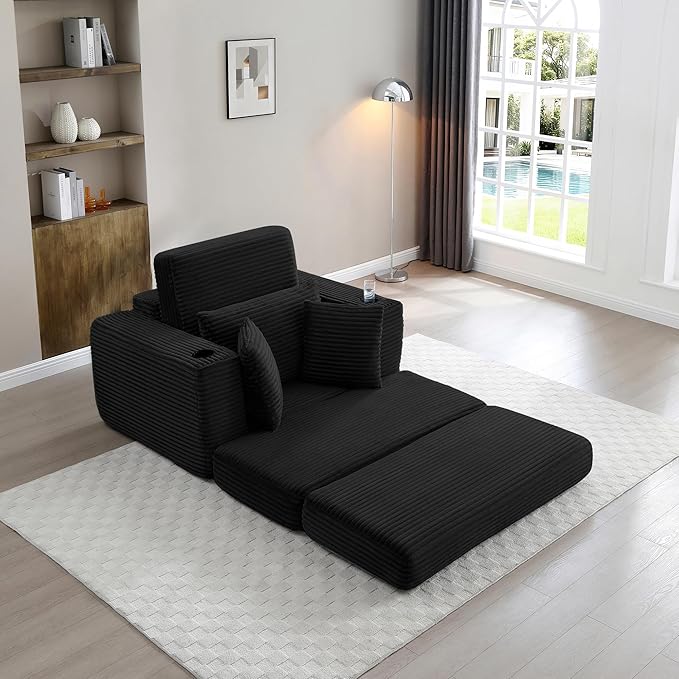 KEIKI 52.4 Oversized Boneless Chaise Lounge Chair with Ottoman Modular 3-in-1 Sofa Bed for Reading Sleeper Couch Chairs for Living Room Black