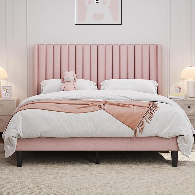 Yaheetech Queen Bed Frame Upholstered Platform Bed with Fabric Headboard Wing Edge Design/Non-Slip and Noise-Free/Wooden Slats Support/No Box Spring Needed/Easy Assembly Pink Queen Bed