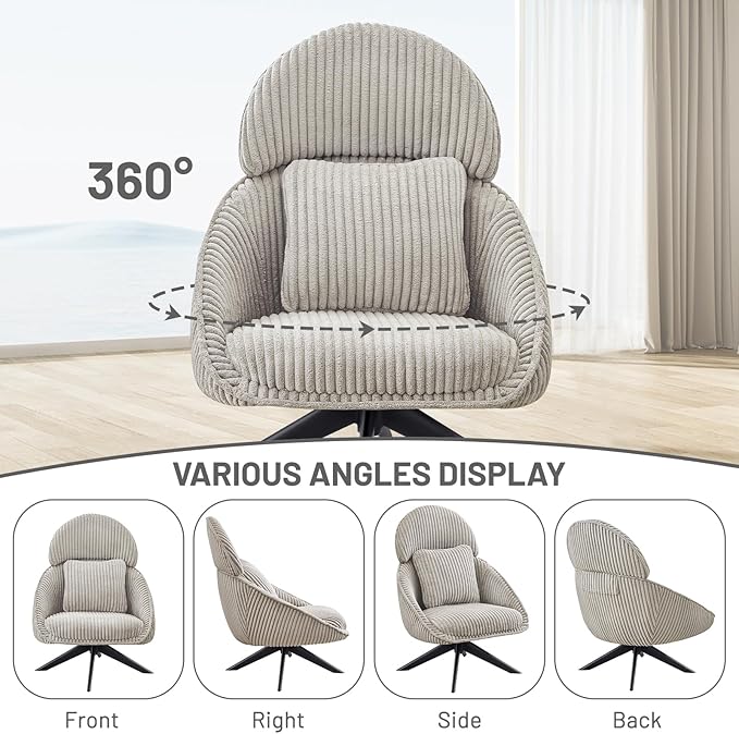 Furniliving Modern Living Room Chair Swivel Accent Chair for Living Room Desk Chair with Arms Bedroom Chair with Headrest Sofa Chair Side Chair with Pillow ArmchairCorduroy Grey