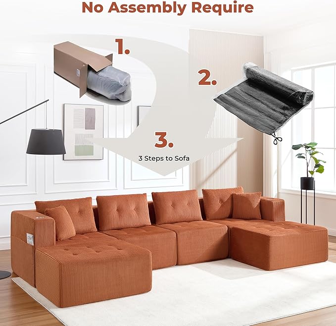 128 U Shaped Modular Sectional Sofa Oversized 6-Seater Boneless Tufted Cloud Couch with Cup Holder and Movable Ottoman Corduroy Upholstery Couches for Living Room No Assembly Orange