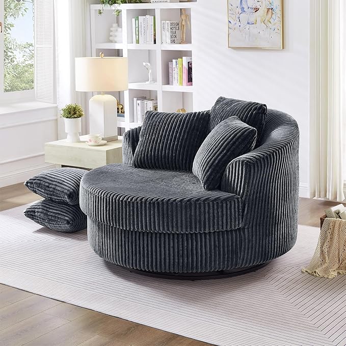 360 Degree Oversized Swivel Chair 50 Round Lounge Chair Modern Accent Circle Chair W/ 5 Pillows Upholstered Corduroy Sofa Chair for Living Room Bedroom Apartment Grey
