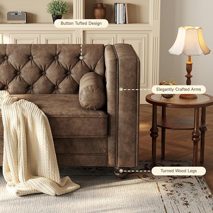 ONBRILL 79'' Faux Leather Couch for Living Room Comfy Chesterfield Button-Tufted Sofa with 2 Bolster Pillows and Wood Legs Mid-Century Modern Deep Seat Couch for Apartment Office Brown
