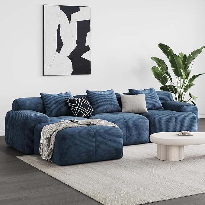 118 Oversized 3-Seater Cloud CouchL-Shaped Boneless Couch Modern Corduroy Upholstery couches for Living Room Modular sectional SofaMovable Ottoman No Assembly Required (Blue)
