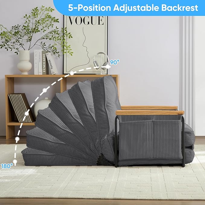 Mjkone 54 Adjustable Floor Couch with 2 Pillow Loveseat Sleeper Sofa with Side Pocket Multi-Functional Couch Bed 5 Position Lazy Sofa with Wooden Armrest for Living Room (Dark GrayLoveseat