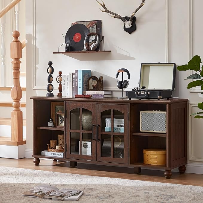 Farmhouse TV Stand for 60 Inch TV Wood Entertainment Center with Glass Door Storage Cabinet &amp Adjustable ShelvesTelevision Stands for 65 TVS TV Console Table for Living RoomBedroomWalnut