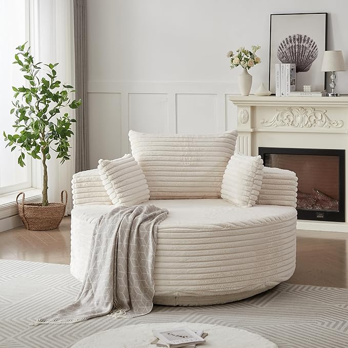 KEIKI 55 Oversized 360 Degree Swivel Chair Large Barrel Chairs Upholstered Round Swivel Chair Corduroy Single Sofa Armchair Sleeper Chair for Living Room Lounge Beige