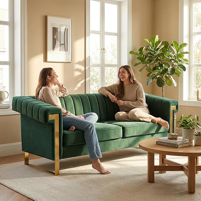 Luxury Velvet 3-Seater Sofa Mid-Century Modern Couch with Gold Metal Legs Waterfall Stitched Back Removable Cushions for Living Room Durable &amp Comfortable (Green)
