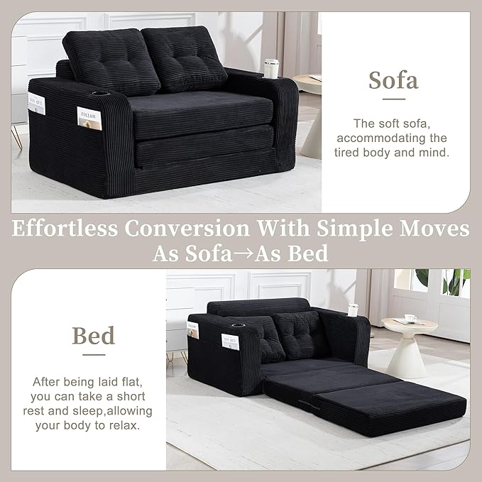 53'' Folding Sofa Bed Boneless Loveseat Sleeper Sofa 2 in 1 Convertible Foldable Pull Out Sofa Bed with Pillows Comfy Cloud Floor Couch for Living Room Small Space No Assembly (Black)