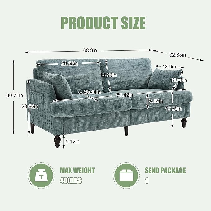 69” Modern Chenille Loveseat Sofa Couch Upholstered 2 Seat Love Seat Deep Seat Small Couch with LED Light and Sturdy Wood Legs for Living Room Bedroom Apartment (Lake Blue)