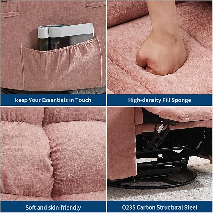 GarveeHome Rocker Recliner Chair with Vibration Massage and Heat 360° Swivel Recliner Sofa with Side Pocket Single Reclining Chair for Living Room and Bedroom Pink