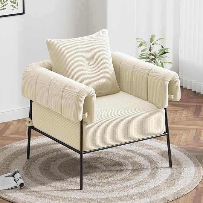 Furniliving Modern Accent Chairs Comfy Chairs with Pillow Lounge Chair Reading Chair for Living Room Upholstered Bedroom Arm Chair with Metal Frame Armchair Soft Cushion Corduroy Beige