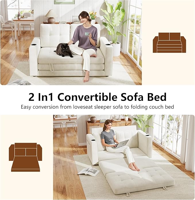 Convertible Sofa Bed Pull Out Loveseat Sleeper Sofa 2 in1 Folding Couch Bed Floor Sofa Couch for Small Spaces Fold Out Floor Bed with Pillows for Living Room Bedroom - Beige