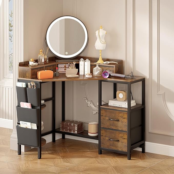 Corner Desk with 6 Fabric Drawers Shelves for Small Space Computer Desk with Power OutletsGaming Desk with Printer Monitor Stand Storage for Home Office Workstation Writing Table Brown