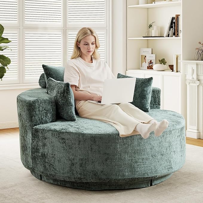 55 W Oversized Round Swivel Accent Barrel Chair360 Degree Chenille Upholstered Comfy Chaise Lounge Chair IndoorModern Deep Seat Single Sofa Armchair for Living RoomBedroomOffice(Green)