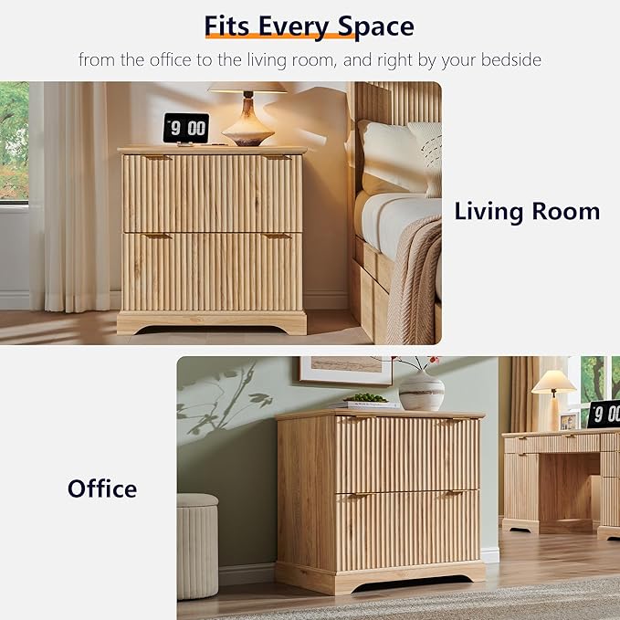 JXQTLINGMU 2 Drawer File Cabinet with Charging Station 30 Fluted Lateral File Cabinet w/Files Hanging Rod for Letter/Legal/A4 Large Tabletop for Printer Office Wood Printer Cabinets Oak