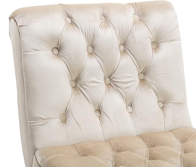 Yoluckea Modern Upholstered Accent Chair S-Shape Armless Lounge Chair for Bedroom Living Room Comfy Velvet Chaise Chairs with Button Tufted Back and Solid Wood Legs Beige