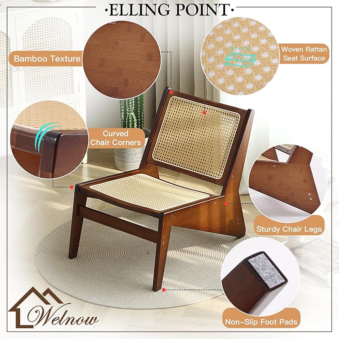 Welnow Mid Century Rattan Accent Chair Bamboo Wood Lounge Chair with Woven Cane Backrest Low Armchair for Living Room Bedroom Balcony or Reading Corner Walnut