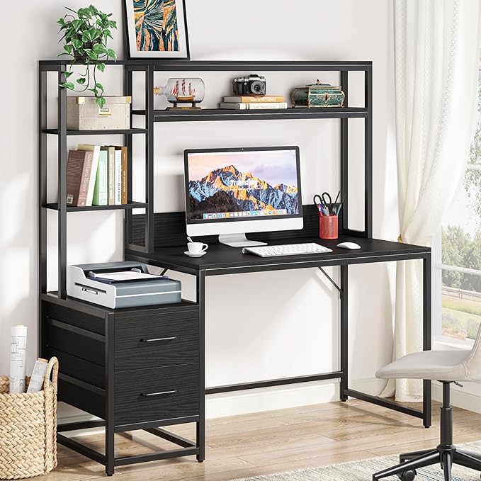 Tribesigns 55 Inch Computer Desk with 2 Drawers and Storage Shelves Rustic Office Desk with Hutch Study Writing Gaming Table Laptop Workstation for Home Office (Black)