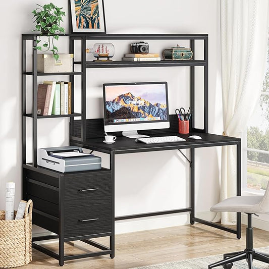 Tribesigns 55 Inch Computer Desk with 2 Drawers and Storage Shelves Rustic Office Desk with Hutch Study Writing Gaming Table Laptop Workstation for Home Office (Black)
