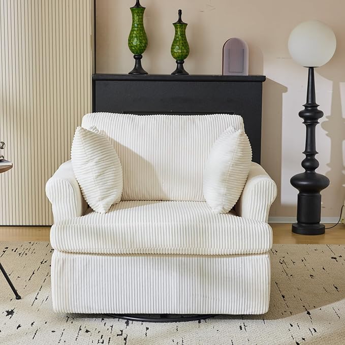 39 Oversized Armchair360°Swivel Accent ChairComfy Upholstered Corduroy Chairs W/2 Pillows and 2 Side PocketsModern Side Reading Seat for Living RoomBedroom and Office (Beige)