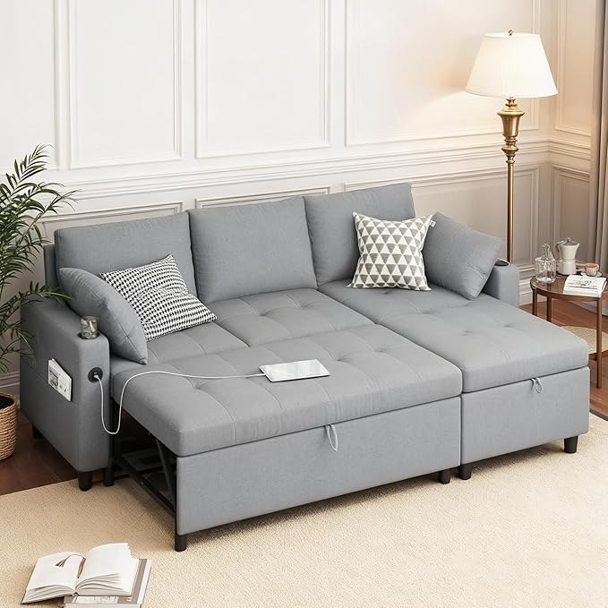 Sleeper Sofa Couch with Pullout Bed 83.5'' L Shaped Convertible Sofa Bed Couches for Living Room Small Apartment Pull Out Couch with USB Storage Chaise Cup Holder Linen Fabric Light Grey