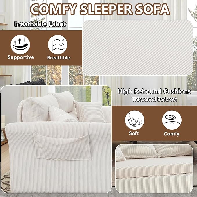 Gexpusm Futon Sofa Bed Queen Size3-in-1 Convertible Sleeper SofaPull Out Bed with Side PocketLoveseat CouchModern Futon Couch for Living RoomSmall SpaceApartmentBedroom (White Corduroy 64) |