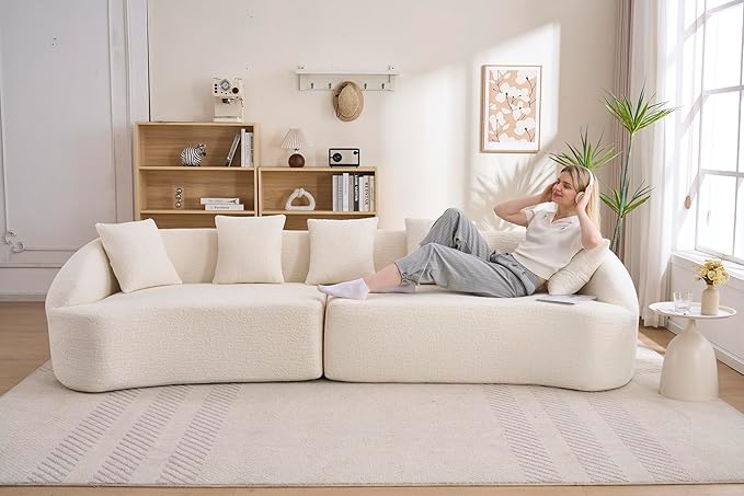 Oversized Sectional Sofa for Living Room 110 Modern Luxury Chenille 5-Seater Extra Deep &amp Wide Seat Curved Cloud Couch with 5 Throw Pillows No Assembly Needed Cream White