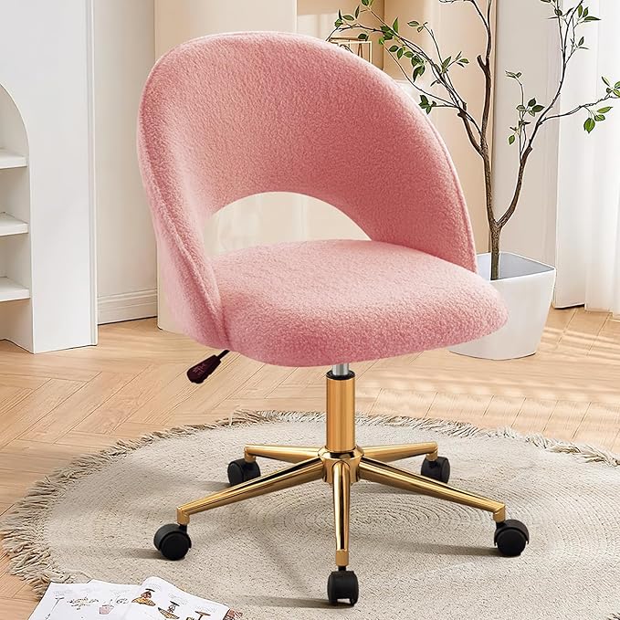 Furniliving Vanity Desk Chair with Wheels Cute Office Chair with Back for Girls Rolling Upholstered Armless Desk Chair with Gold Metal for Living Room Makeup Room Bedroom Pink-Sherpa