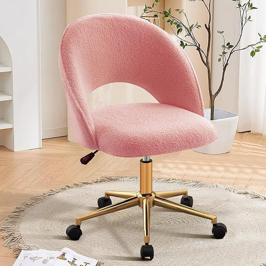 Furniliving Vanity Desk Chair with Wheels Cute Office Chair with Back for Girls Rolling Upholstered Armless Desk Chair with Gold Metal for Living Room Makeup Room Bedroom Pink-Sherpa