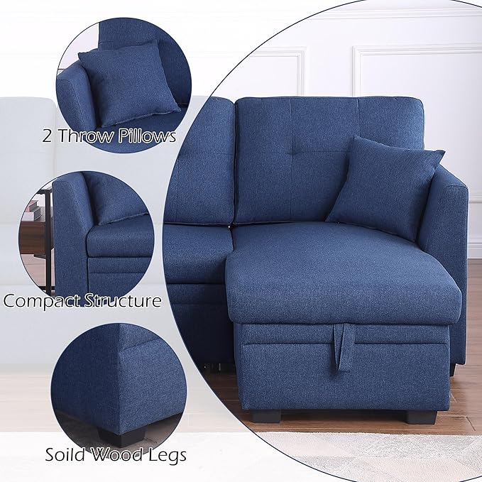 BEEY Sleeper Sofa Bed 82 Small Convertible Sectional Sofa Couch with Storage Chaise L Shaped Couch with Pull Out Bed for Bedroom Living Room (Navy_Blue_2)
