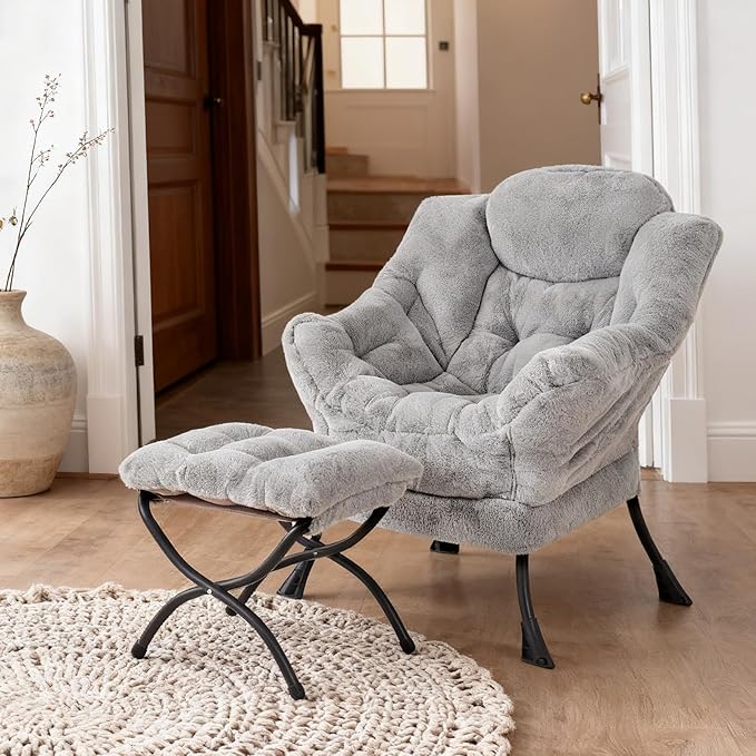 Welnow Lazy Chair with Ottoman Modern Accent Chair with Armrests and a Side Pocket Leisure Sofa Armchair Reading Armchair with Footrest for Small Space Plush Grey