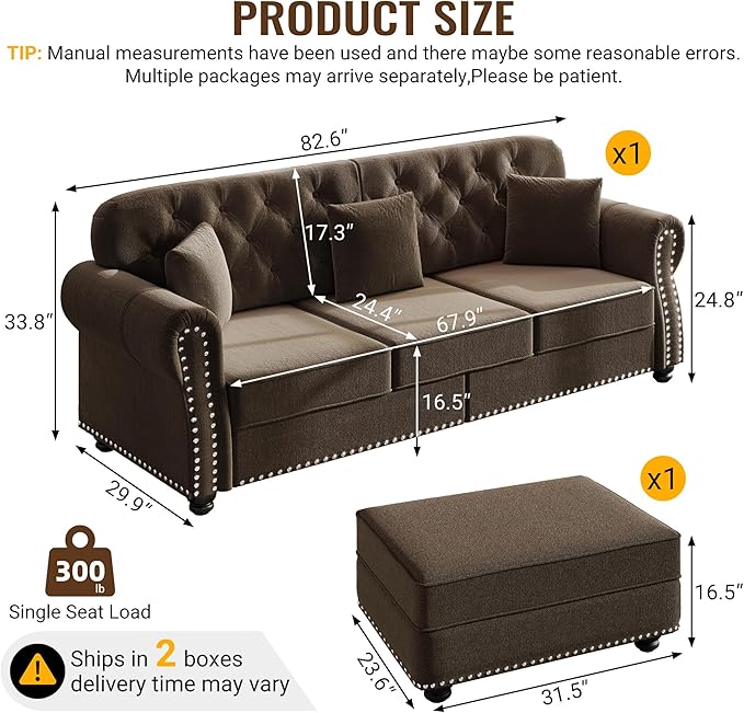 83 Stylish Velvet Sofa with Movable Ottoman Button Tufted Couch Bed with Rolled Armrests Comfort 3-Seater Sofa Bed with Rivet Decor &amp Solid Wood for Living Spaces Brown