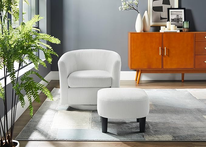 360° Swivel Accent Chair with Ottoman - Comfy Corduroy Recliner Armchair Single Sofa for Living Room &amp Bedroom (White)