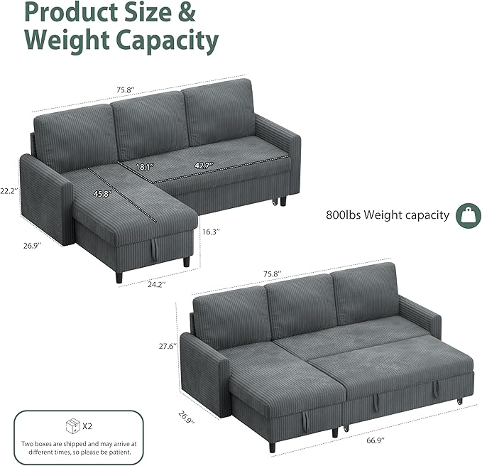 Sofa Bed Couch Sectiona Sofa 4-in-1 Multifunctional Pull-Out Couch Sleeper Sofa Couch with Storage Chaise Pullout Sectional Couches for Living Room/Office/ApartmentDark Gray