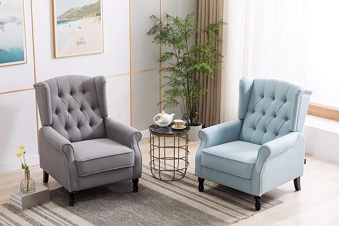 Artechworks Winged Fabric Modern Accent Chair Tufted Arm Club Chair Linen Single Sofa with Wooden Legs Comfy Upholstered for Reading Living Room Bedroom OfficeLight Blue