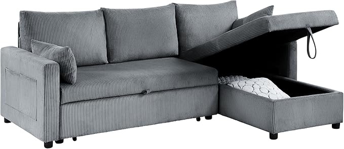 Queen Sleeper Sofa Convertible Sofa Bed with Storage 85 Inch Sectional Couch with Pull Out Bed L Shaped 3 Seat Sectional Sleeper Sofa for Living Room Apartment Grey