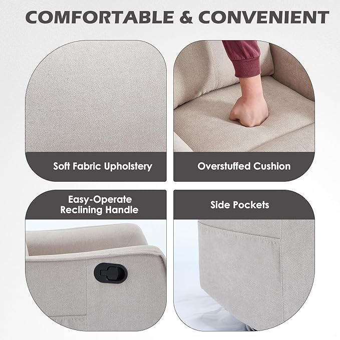 Swivel Rocker Recliner Chair 360° Swivel Recliner with Heat and Massage Rocker Recliner Nursery Glider Chair with Side Pockets for Living Room (Beige Fabric)