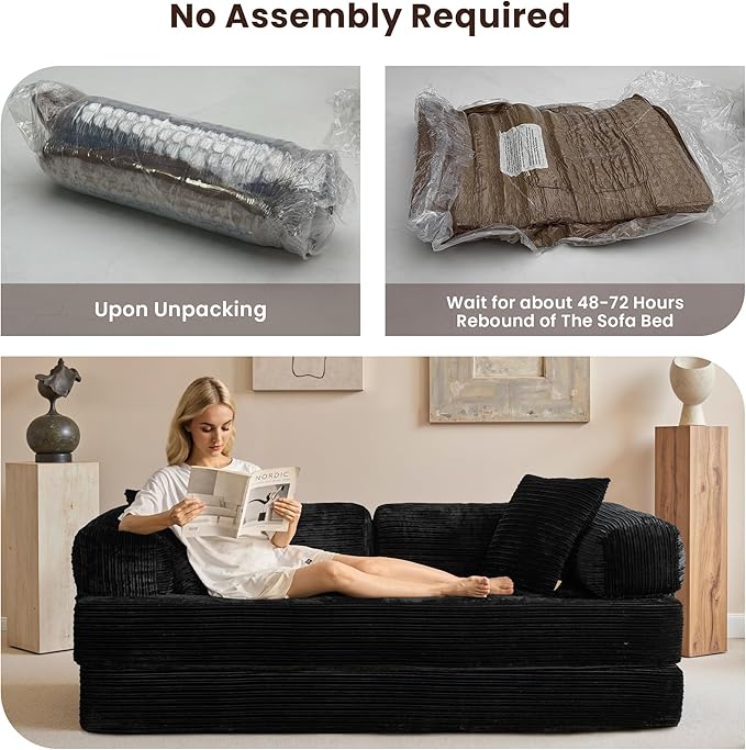 4-in-1 Convertible Sleeper Sofa Bed80 Inch Corduroy Loveseat Sleeper with Pull Out BedBoneless Couch with Fixed-Shape FrameFloor Sofa Modular Couch for Living Room Bedroom Lounge (Black)