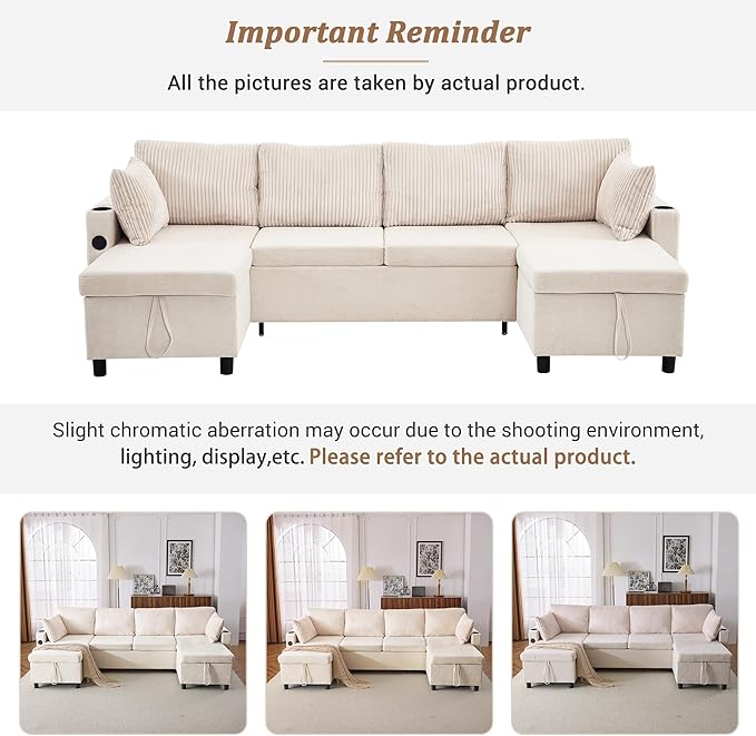 Merax Pull-Out Sofa Bed Sleeper Pull Out Sectional Couch with Storage USB Cup Holder for Apartment Living Room Beige