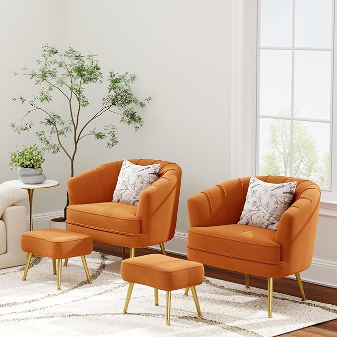 Andeworld Velvet Accent Chair with OttomanUpholstered Modern Single Sofa Side ChairComfy Barrel Club Living Room Armchair with Golden Metal Legs for Bedroom Living Reading Room OfficeCaramel Orange