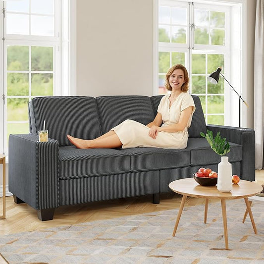 83.86 Corduroy 3-Seater Sofa with Extra Deep Seat Modern Cloud Couch with 2 Cup Holders Comfy Upholstered Sofa for Living Room Apartment &amp Office Grey