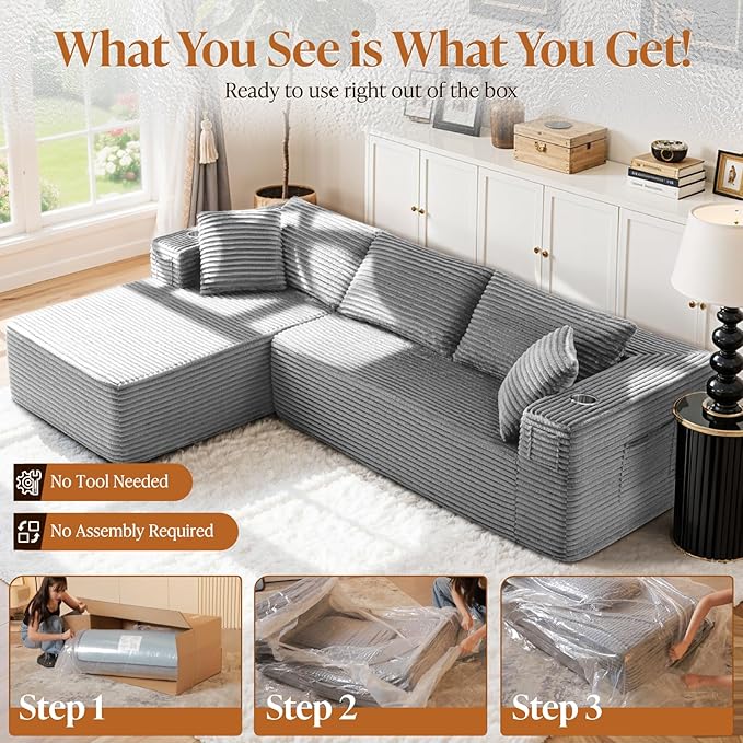 108 Cloud Modular Sectional Couch Modern Boneless Couches with Deep Seat L Shaped Sofa for Living Room No Assembly Required Corduroy (Light Grey 2 Seater+Right Facing Chaise)