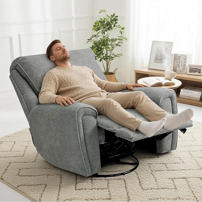 MCombo Power Swivel Rocker Recliner Chair Oversized Power Recliner Chair for Big and Tall People 400lbs Heavy Duty Recliners USB Charge Ports for Living Room Office Fabric OE678 (Light Grey)
